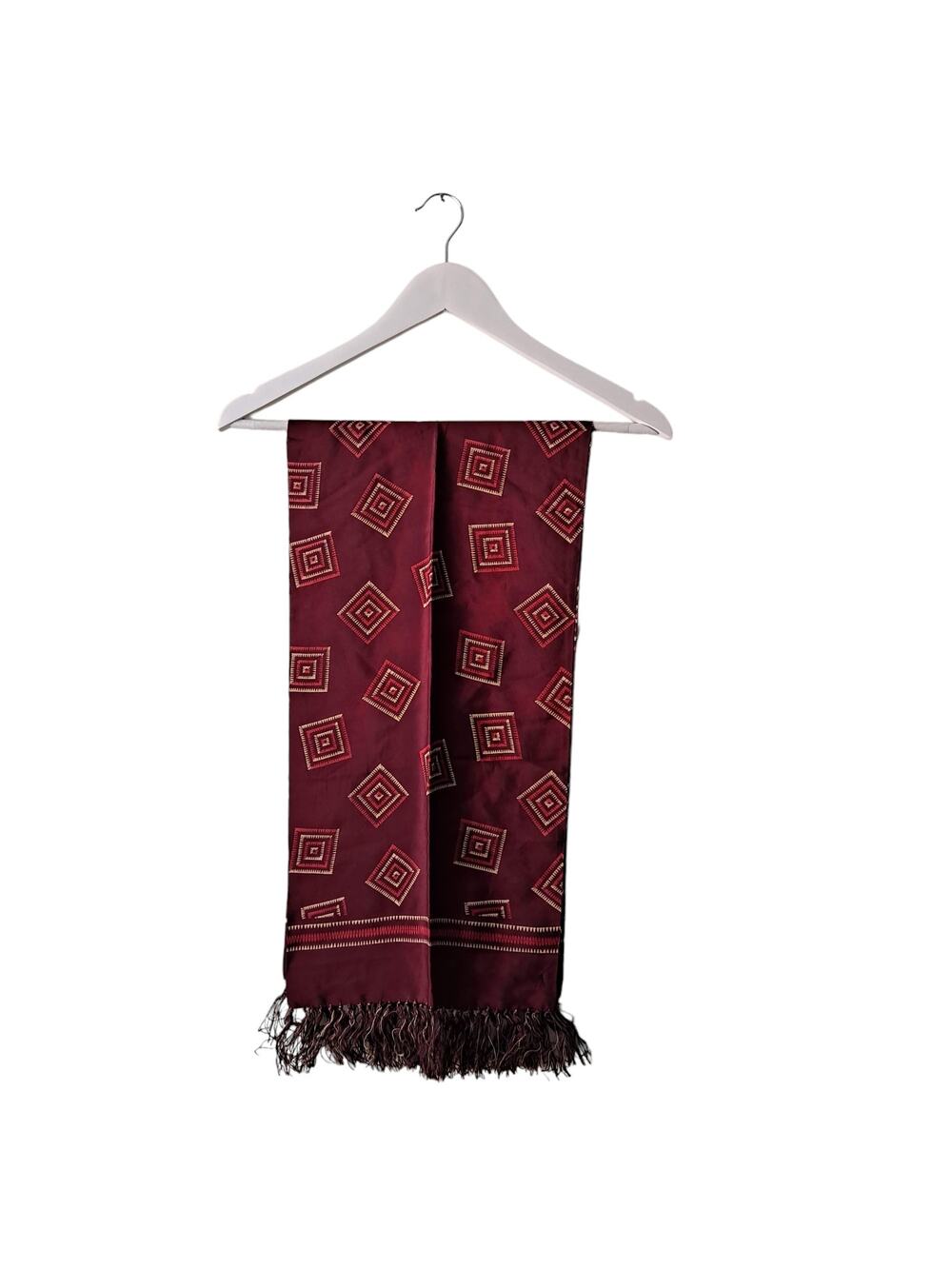 Mens Burgundy & Tan Geometric Rectangular Neck Scarf wFringes - Size 11" X 45"
